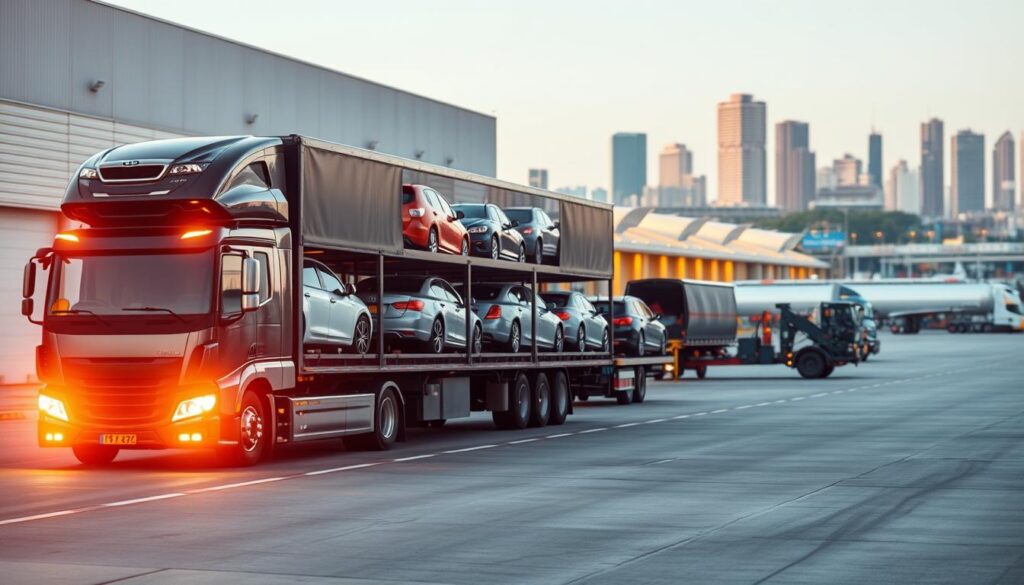 A sleek, modern cargo truck is prominently featured in the foreground, its trailer loaded with an assortment of automobiles of various makes and models. The truck is illuminated by soft, warm lighting, creating a sense of professionalism and efficiency. In the middle ground, a bustling transportation hub with loading docks and transportation vehicles is visible, conveying the scale and complexity of the car shipping industry. The background features a cityscape with skyscrapers and other infrastructure, suggesting the urban setting of San Marcos. The overall mood is one of reliable, well-organized, and cost-effective car shipping services. A sleek, modern cargo truck is prominently featured in the foreground, its trailer loaded with an assortment of automobiles of various makes and models. The truck is illuminated by soft, warm lighting, creating a sense of professionalism and efficiency. In the middle ground, a bustling transportation hub with loading docks and transportation vehicles is visible, conveying the scale and complexity of the car shipping industry. The background features a cityscape with skyscrapers and other infrastructure, suggesting the urban setting of San Marcos. The overall mood is one of reliable, well-organized, and cost-effective car shipping services.