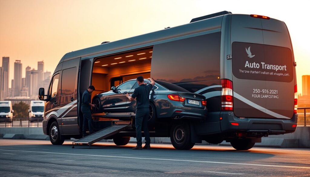 A sleek, modern cargo van with the company logo prominently displayed on the side panels. The van is parked in a well-lit, paved lot, with a backdrop of a bustling city skyline in the distance. In the foreground, a team of professional auto transport workers carefully secures a luxury sedan onto the van's hydraulic lift. The scene conveys a sense of efficiency, reliability, and trust in the company's services. Warm lighting illuminates the van and the workers, creating a welcoming and reassuring atmosphere. The overall composition suggests a reputable, trustworthy auto transport and car shipping service ready to handle the safe transport of vehicles to Palestine. A sleek, modern cargo van with the company logo prominently displayed on the side panels. The van is parked in a well-lit, paved lot, with a backdrop of a bustling city skyline in the distance. In the foreground, a team of professional auto transport workers carefully secures a luxury sedan onto the van's hydraulic lift. The scene conveys a sense of efficiency, reliability, and trust in the company's services. Warm lighting illuminates the van and the workers, creating a welcoming and reassuring atmosphere. The overall composition suggests a reputable, trustworthy auto transport and car shipping service ready to handle the safe transport of vehicles to Palestine.