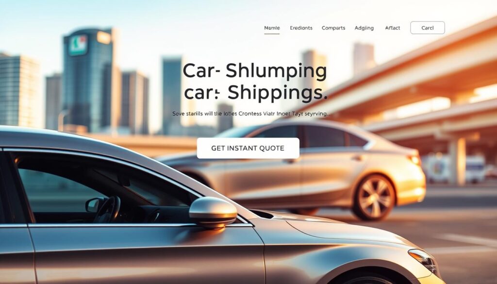 A sleek, modern sedan in the foreground, its metallic paint glistening under the warm, natural lighting. In the middle ground, a minimalist website interface showcases a prominently displayed "Get Instant Quote" button, inviting users to effortlessly initiate the car shipping process. The background features a blurred cityscape, hinting at the convenience and efficiency of the service, with skyscrapers and transportation infrastructure suggesting a bustling metropolitan area. The overall composition conveys a sense of professionalism, transparency, and the seamless integration of technology into the car shipping experience. A sleek, modern sedan in the foreground, its metallic paint glistening under the warm, natural lighting. In the middle ground, a minimalist website interface showcases a prominently displayed "Get Instant Quote" button, inviting users to effortlessly initiate the car shipping process. The background features a blurred cityscape, hinting at the convenience and efficiency of the service, with skyscrapers and transportation infrastructure suggesting a bustling metropolitan area. The overall composition conveys a sense of professionalism, transparency, and the seamless integration of technology into the car shipping experience.