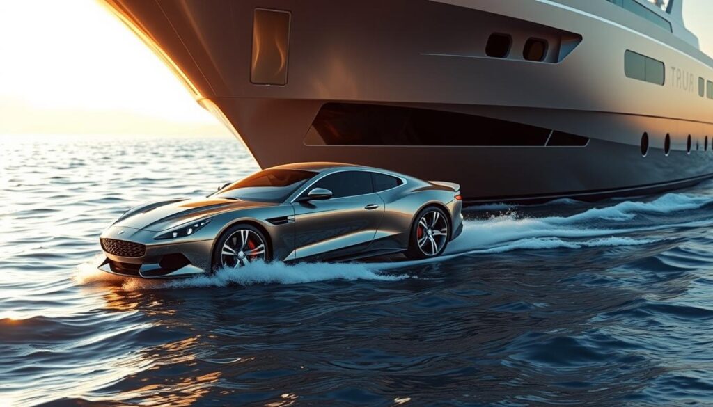 A sleek, modern ship hauling a stylish car on a calm, sun-dappled ocean. The ship's hull gleams in the golden light, its streamlined design cutting through the gently rolling waves. The car, secured on the ship's deck, reflects the sky and water, its chrome accents and glossy paint shimmering. In the background, a hazy horizon stretches, suggesting a tranquil, expansive journey. The scene evokes a sense of effortless transport and the freedom of the open sea, perfectly capturing the essence of "when you do and don't need a title to ship a vehicle".