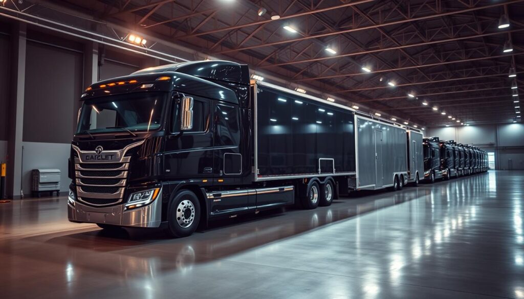 A sleek, modern truck with a car trailer securely attached, parked in a well-lit, professional-looking auto transport facility. The trailer's glossy surface reflects the brightly lit surroundings, conveying a sense of trustworthiness and attention to detail. In the background, a row of similar transport vehicles, creating an impression of a reliable, well-equipped fleet. The lighting is warm and inviting, with strategically placed spotlights highlighting the vehicle's contours. The overall scene exudes a feeling of professionalism, safety, and reliability, perfectly suited for a trusted vehicle shipping service. A sleek, modern truck with a car trailer securely attached, parked in a well-lit, professional-looking auto transport facility. The trailer's glossy surface reflects the brightly lit surroundings, conveying a sense of trustworthiness and attention to detail. In the background, a row of similar transport vehicles, creating an impression of a reliable, well-equipped fleet. The lighting is warm and inviting, with strategically placed spotlights highlighting the vehicle's contours. The overall scene exudes a feeling of professionalism, safety, and reliability, perfectly suited for a trusted vehicle shipping service.