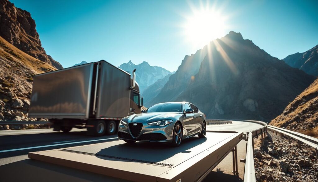 A sleek, modern vehicle transport truck navigates a winding mountain road against a picturesque backdrop of towering peaks and a crisp, blue sky. The truck's glossy exterior reflects the sun's rays, casting a warm glow over the scene. In the foreground, a luxury sedan rests securely on the open flatbed, ready for its door-to-door journey. The composition is balanced, with the truck occupying the center of the frame, the mountains in the background, and the sedan drawing the eye to the subject matter. The overall atmosphere conveys a sense of reliability, efficiency, and attention to detail - a visual representation of the "Door-to-Door Vehicle Transport Services Built Around Your Needs". A sleek, modern vehicle transport truck navigates a winding mountain road against a picturesque backdrop of towering peaks and a crisp, blue sky. The truck's glossy exterior reflects the sun's rays, casting a warm glow over the scene. In the foreground, a luxury sedan rests securely on the open flatbed, ready for its door-to-door journey. The composition is balanced, with the truck occupying the center of the frame, the mountains in the background, and the sedan drawing the eye to the subject matter. The overall atmosphere conveys a sense of reliability, efficiency, and attention to detail - a visual representation of the "Door-to-Door Vehicle Transport Services Built Around Your Needs".