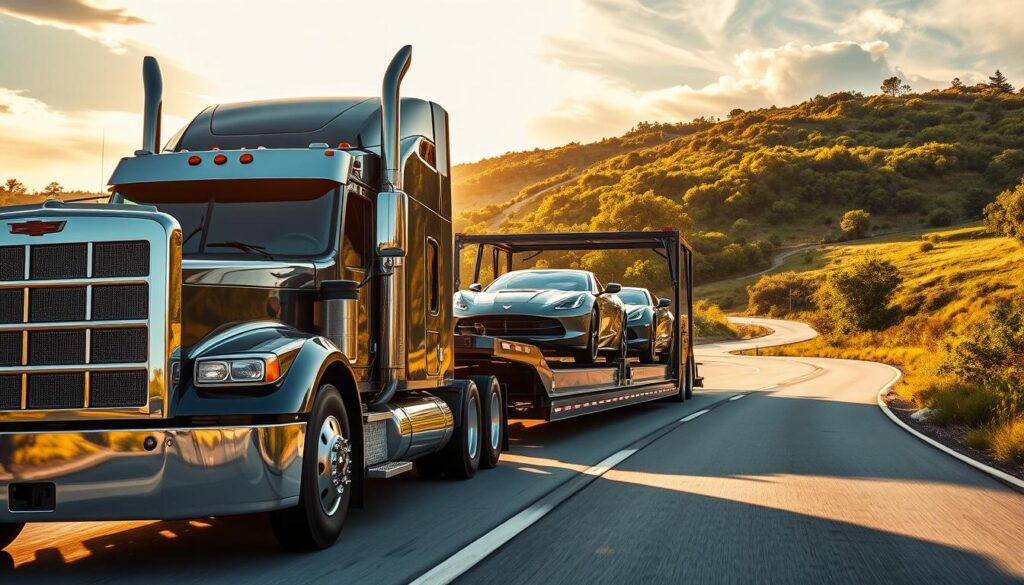 A sleek, modern vehicle transport truck navigates the winding roads of Flower Mound, carrying a precious cargo of automobiles. In the foreground, the truck's chrome grille and powerful headlights command attention, while the middle ground features the expertly secured vehicles resting securely on the transport's sturdy frame. The background showcases the lush, verdant landscapes of Flower Mound, bathed in warm, golden sunlight that filters through wispy clouds. The scene conveys a sense of reliable, professional auto transport, tailored to the needs of Flower Mound drivers who demand the highest standards of safety and care for their vehicles. A sleek, modern vehicle transport truck navigates the winding roads of Flower Mound, carrying a precious cargo of automobiles. In the foreground, the truck's chrome grille and powerful headlights command attention, while the middle ground features the expertly secured vehicles resting securely on the transport's sturdy frame. The background showcases the lush, verdant landscapes of Flower Mound, bathed in warm, golden sunlight that filters through wispy clouds. The scene conveys a sense of reliable, professional auto transport, tailored to the needs of Flower Mound drivers who demand the highest standards of safety and care for their vehicles.