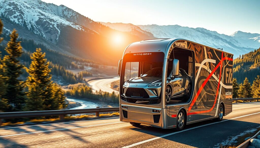 A sleek, secure car transport vehicle navigates a winding mountain road, its sturdy frame and specialized equipment designed to safely deliver high-value automobiles. The vehicle's exterior is a gleaming metallic gray, accented by bold red stripes and reflective panels that catch the warm, golden sunlight filtering through the surrounding pine trees. The driver's cabin features advanced monitoring systems and a panoramic windshield, granting exceptional visibility and control. In the middle ground, the transport's specialized cargo hold, with its reinforced walls and air-cushioned suspension, ensures a smooth, vibration-free journey for the precious cargo inside. The background depicts a picturesque alpine landscape, with snow-capped peaks and a winding river cutting through the verdant foliage, conveying a sense of security and reliability. A sleek, secure car transport vehicle navigates a winding mountain road, its sturdy frame and specialized equipment designed to safely deliver high-value automobiles. The vehicle's exterior is a gleaming metallic gray, accented by bold red stripes and reflective panels that catch the warm, golden sunlight filtering through the surrounding pine trees. The driver's cabin features advanced monitoring systems and a panoramic windshield, granting exceptional visibility and control. In the middle ground, the transport's specialized cargo hold, with its reinforced walls and air-cushioned suspension, ensures a smooth, vibration-free journey for the precious cargo inside. The background depicts a picturesque alpine landscape, with snow-capped peaks and a winding river cutting through the verdant foliage, conveying a sense of security and reliability.