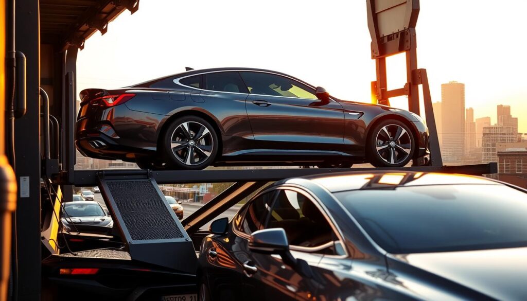 A sleek, shiny car rests atop a robust, elevated car transporter, framed by the bustling cityscape of Lewisville in the background. The transporter's sturdy ramps and secure tie-down mechanisms ensure the safe and efficient delivery of vehicles, while the warm, golden afternoon light casts a serene glow over the scene. In the foreground, the car's pristine exterior gleams, reflecting the reliable, professional service offered by the local auto transport company. The composition emphasizes the care and attention to detail that goes into every vehicle relocation, capturing the essence of the "Auto Transport and Car Shipping in Lewisville: What We Offer" section. A sleek, shiny car rests atop a robust, elevated car transporter, framed by the bustling cityscape of Lewisville in the background. The transporter's sturdy ramps and secure tie-down mechanisms ensure the safe and efficient delivery of vehicles, while the warm, golden afternoon light casts a serene glow over the scene. In the foreground, the car's pristine exterior gleams, reflecting the reliable, professional service offered by the local auto transport company. The composition emphasizes the care and attention to detail that goes into every vehicle relocation, capturing the essence of the "Auto Transport and Car Shipping in Lewisville: What We Offer" section.