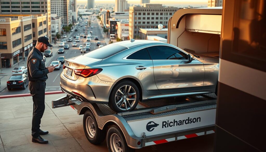 A sleek, silver car being carefully loaded onto a multi-car carrier trailer, its glossy finish reflecting the warm, afternoon sunlight. In the foreground, a uniformed driver checks the vehicle's details against a tablet, ensuring a smooth pickup process. The middle ground features the carrier's branded livery, conveying a sense of professionalism and reliability. In the background, a bustling urban landscape of Richardson's streets and buildings sets the scene, showcasing the convenient accessibility of this car shipping service. The overall composition exudes a sense of efficiency, trust, and seamless transportation. A sleek, silver car being carefully loaded onto a multi-car carrier trailer, its glossy finish reflecting the warm, afternoon sunlight. In the foreground, a uniformed driver checks the vehicle's details against a tablet, ensuring a smooth pickup process. The middle ground features the carrier's branded livery, conveying a sense of professionalism and reliability. In the background, a bustling urban landscape of Richardson's streets and buildings sets the scene, showcasing the convenient accessibility of this car shipping service. The overall composition exudes a sense of efficiency, trust, and seamless transportation.