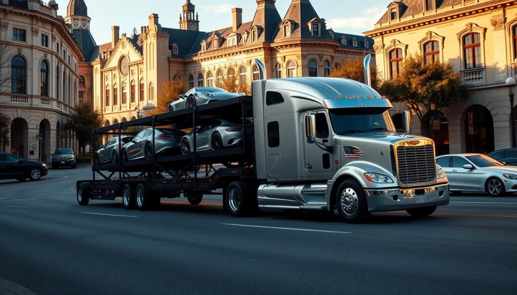A sleek, silver car carrier truck navigates the winding streets of Georgetown, its trailer securely holding a fleet of gleaming automobiles. The vehicle's powerful engine rumbles as it expertly maneuvers through the historic downtown, its chrome accents catching the warm afternoon sunlight. In the background, the iconic Georgetown University campus and stately Victorian-era buildings provide a picturesque backdrop, creating a scene that captures the essence of professional auto transport and car shipping in this vibrant community. A sleek, silver car carrier truck navigates the winding streets of Georgetown, its trailer securely holding a fleet of gleaming automobiles. The vehicle's powerful engine rumbles as it expertly maneuvers through the historic downtown, its chrome accents catching the warm afternoon sunlight. In the background, the iconic Georgetown University campus and stately Victorian-era buildings provide a picturesque backdrop, creating a scene that captures the essence of professional auto transport and car shipping in this vibrant community.