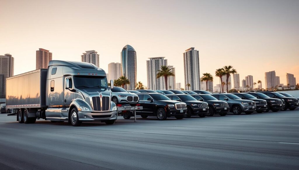 A sleek, silver car carrier truck stands at the forefront, its expansive cargo deck ready to transport multiple vehicles. In the middle ground, a well-maintained fleet of sedans, SUVs, and pickup trucks await their journey, their exteriors gleaming under the warm, golden sunlight. The background features the bustling cityscape of North Miami, with towering skyscrapers and palm trees swaying in the gentle breeze, conveying a sense of reliability and professionalism in the car shipping industry. The scene exudes a mood of efficiency, safety, and on-time delivery, reflecting the trusted North Miami auto transport company's commitment to its customers. A sleek, silver car carrier truck stands at the forefront, its expansive cargo deck ready to transport multiple vehicles. In the middle ground, a well-maintained fleet of sedans, SUVs, and pickup trucks await their journey, their exteriors gleaming under the warm, golden sunlight. The background features the bustling cityscape of North Miami, with towering skyscrapers and palm trees swaying in the gentle breeze, conveying a sense of reliability and professionalism in the car shipping industry. The scene exudes a mood of efficiency, safety, and on-time delivery, reflecting the trusted North Miami auto transport company's commitment to its customers.