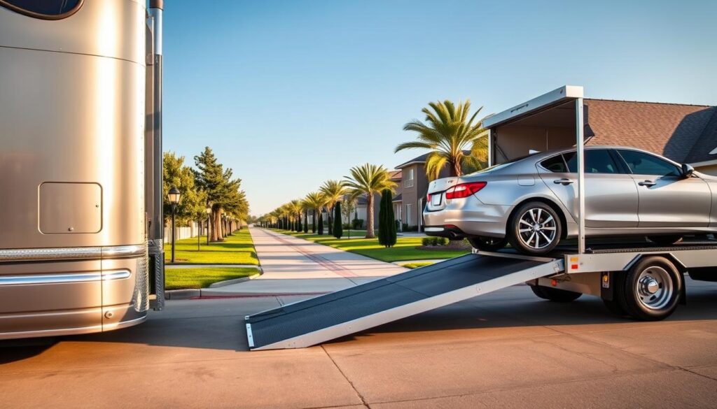 A sleek, silver car transport truck is parked in the foreground, its ramp lowered to welcome a mid-size sedan onto its sturdy platform. The truck's chrome accents gleam in the warm, afternoon sunlight, casting soft shadows on the pavement. In the middle ground, a well-manicured suburban neighborhood comes into view, with neatly trimmed lawns and tall, swaying trees lining the street. The background is framed by a clear, azure sky, creating a serene and welcoming atmosphere for this door-to-door auto transport service. The scene conveys a sense of professionalism, efficiency, and care, perfectly capturing the essence of the "Door-to-Door Auto Transport Services in Harker Heights, TX". A sleek, silver car transport truck is parked in the foreground, its ramp lowered to welcome a mid-size sedan onto its sturdy platform. The truck's chrome accents gleam in the warm, afternoon sunlight, casting soft shadows on the pavement. In the middle ground, a well-manicured suburban neighborhood comes into view, with neatly trimmed lawns and tall, swaying trees lining the street. The background is framed by a clear, azure sky, creating a serene and welcoming atmosphere for this door-to-door auto transport service. The scene conveys a sense of professionalism, efficiency, and care, perfectly capturing the essence of the "Door-to-Door Auto Transport Services in Harker Heights, TX".