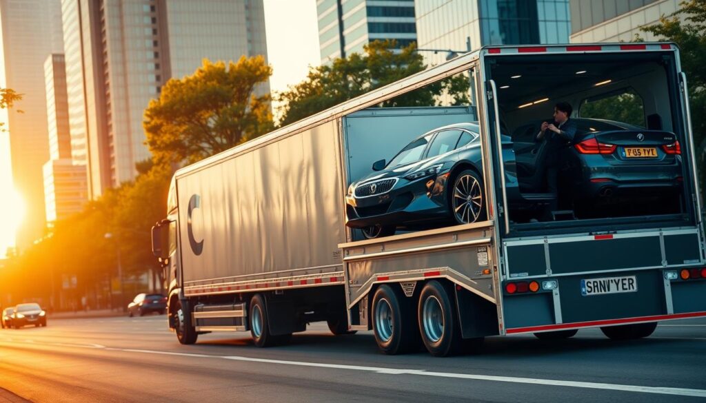 A sleek, silver delivery truck with the company's logo emblazoned on the side, navigating the bustling streets of Snyder. In the foreground, a professional driver carefully secures a luxury sedan onto the specialized trailer, ensuring a smooth and secure transport. The mid-ground showcases the truck's advanced safety features, such as backup cameras and collision avoidance sensors, while the background depicts the vibrant cityscape with towering skyscrapers and tree-lined avenues, conveying a sense of efficiency and reliability in the vehicle delivery service. The warm, golden hues of the afternoon sunlight cast a welcoming glow, reflecting the company's commitment to transparent communication and on-time, trusted transportation. A sleek, silver delivery truck with the company's logo emblazoned on the side, navigating the bustling streets of Snyder. In the foreground, a professional driver carefully secures a luxury sedan onto the specialized trailer, ensuring a smooth and secure transport. The mid-ground showcases the truck's advanced safety features, such as backup cameras and collision avoidance sensors, while the background depicts the vibrant cityscape with towering skyscrapers and tree-lined avenues, conveying a sense of efficiency and reliability in the vehicle delivery service. The warm, golden hues of the afternoon sunlight cast a welcoming glow, reflecting the company's commitment to transparent communication and on-time, trusted transportation.