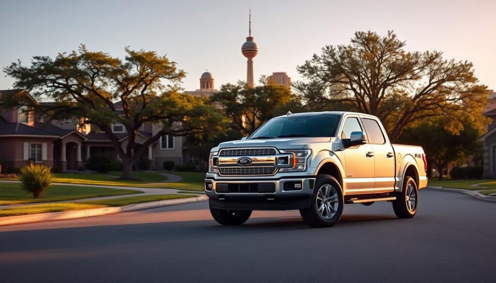 A sleek, silver pickup truck prominently displayed in the foreground, its chrome grill gleaming in the warm afternoon sunlight. In the middle ground, a row of residential homes with neatly manicured lawns and mature oak trees lining the street, creating a peaceful suburban atmosphere. The background features the distinct skyline of San Antonio, with the iconic Tower of the Americas standing tall in the distance, bathed in a soft, golden glow. The scene exudes a sense of reliability, convenience, and the comfort of home, perfectly capturing the essence of the article's subject and section title. A sleek, silver pickup truck prominently displayed in the foreground, its chrome grill gleaming in the warm afternoon sunlight. In the middle ground, a row of residential homes with neatly manicured lawns and mature oak trees lining the street, creating a peaceful suburban atmosphere. The background features the distinct skyline of San Antonio, with the iconic Tower of the Americas standing tall in the distance, bathed in a soft, golden glow. The scene exudes a sense of reliability, convenience, and the comfort of home, perfectly capturing the essence of the article's subject and section title.