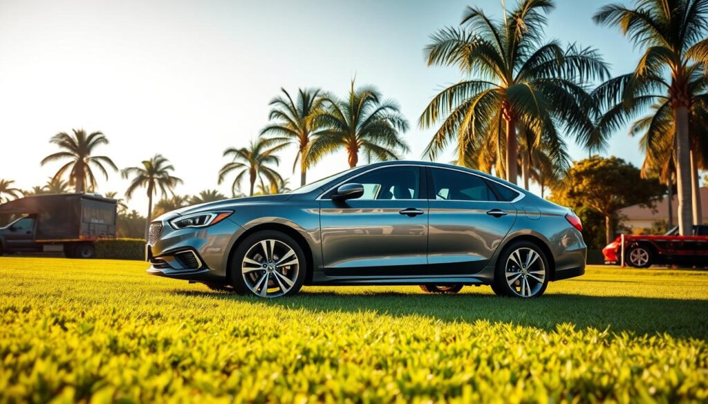 A sleek, well-maintained Palm Bay car resting in a pristine, sun-dappled setting. The vehicle, a mid-size sedan, is showcased in the foreground, its metallic paint gleaming under the warm afternoon light. In the middle ground, a lush, manicured lawn provides a verdant backdrop, while in the distance, the silhouettes of swaying palm trees and a clear, azure sky create a quintessential Florida ambiance. The image is captured through a wide-angle lens, emphasizing the car's imposing presence and the tranquil, inviting atmosphere of the scene. This serene, vibrant setting highlights the reliability and professionalism of car shipping services in the Palm Bay region. A sleek, well-maintained Palm Bay car resting in a pristine, sun-dappled setting. The vehicle, a mid-size sedan, is showcased in the foreground, its metallic paint gleaming under the warm afternoon light. In the middle ground, a lush, manicured lawn provides a verdant backdrop, while in the distance, the silhouettes of swaying palm trees and a clear, azure sky create a quintessential Florida ambiance. The image is captured through a wide-angle lens, emphasizing the car's imposing presence and the tranquil, inviting atmosphere of the scene. This serene, vibrant setting highlights the reliability and professionalism of car shipping services in the Palm Bay region.