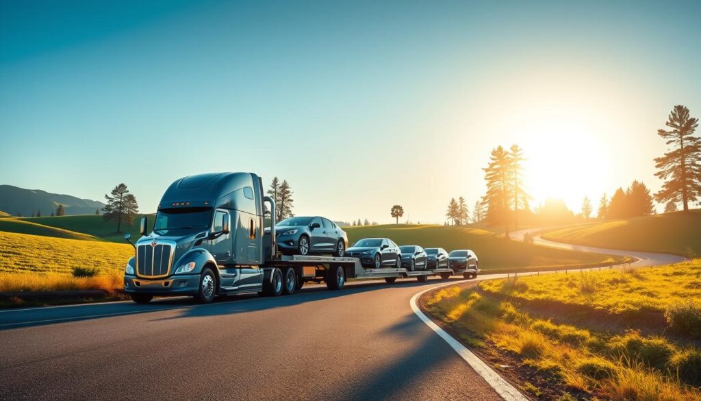 A sleek, well-maintained car carrier truck navigates a winding country road, transporting a fleet of shiny, pristine vehicles. The sun casts a warm, golden glow, casting long shadows across the asphalt. In the foreground, the truck's towering silhouette dominates the scene, its chrome accents and bold design reflecting the attention to detail and professionalism of the car shipping service. The middle ground features a lush, verdant landscape dotted with rolling hills and towering pine trees, creating a serene, picturesque backdrop. The image conveys a sense of reliability, efficiency, and the care taken in delivering vehicles safely to their destination. A sleek, well-maintained car carrier truck navigates a winding country road, transporting a fleet of shiny, pristine vehicles. The sun casts a warm, golden glow, casting long shadows across the asphalt. In the foreground, the truck's towering silhouette dominates the scene, its chrome accents and bold design reflecting the attention to detail and professionalism of the car shipping service. The middle ground features a lush, verdant landscape dotted with rolling hills and towering pine trees, creating a serene, picturesque backdrop. The image conveys a sense of reliability, efficiency, and the care taken in delivering vehicles safely to their destination.