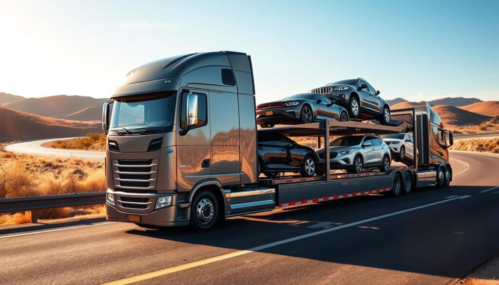 A sleek, well-maintained car transport truck navigates the winding roads of Horizon City, transporting a range of vehicles with precision and care. The truck's metallic exterior gleams under the warm afternoon sun, casting a subtle reflection on the smooth asphalt. In the foreground, the vehicle's sturdy loading ramps and secure tie-down systems are visible, instilling a sense of reliability and attention to detail. The middle ground reveals the diverse array of cars being transported, from compact sedans to rugged SUVs, all securely positioned and protected. The background showcases the picturesque landscape of Horizon City, with rolling hills and a clear blue sky, creating a serene and picturesque setting for this trusted auto transport service. A sleek, well-maintained car transport truck navigates the winding roads of Horizon City, transporting a range of vehicles with precision and care. The truck's metallic exterior gleams under the warm afternoon sun, casting a subtle reflection on the smooth asphalt. In the foreground, the vehicle's sturdy loading ramps and secure tie-down systems are visible, instilling a sense of reliability and attention to detail. The middle ground reveals the diverse array of cars being transported, from compact sedans to rugged SUVs, all securely positioned and protected. The background showcases the picturesque landscape of Horizon City, with rolling hills and a clear blue sky, creating a serene and picturesque setting for this trusted auto transport service.