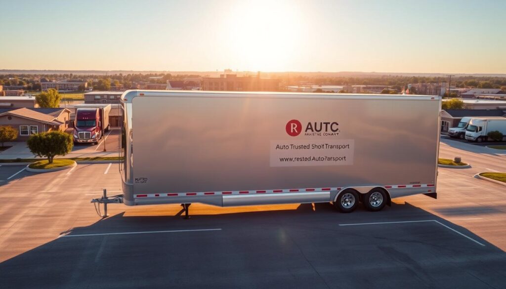 A sleek, well-maintained enclosed auto transport truck stands proudly in the foreground, its metallic exterior gleaming under the warm, golden sunlight of a clear day in Hereford, Texas. The trailer's sides are adorned with the logo and branding of a trusted, reputable auto transport company, conveying a sense of professionalism and reliability. In the middle ground, the truck is surrounded by a pristine, paved lot, with neatly organized parking spaces and a well-maintained landscape. In the background, the cityscape of Hereford can be seen, with its charming buildings and well-kept streets, creating a pleasant, welcoming atmosphere. The overall scene exudes a feeling of confidence, safety, and a commitment to providing high-quality, insured auto transport services to the residents of Hereford, Texas. A sleek, well-maintained enclosed auto transport truck stands proudly in the foreground, its metallic exterior gleaming under the warm, golden sunlight of a clear day in Hereford, Texas. The trailer's sides are adorned with the logo and branding of a trusted, reputable auto transport company, conveying a sense of professionalism and reliability. In the middle ground, the truck is surrounded by a pristine, paved lot, with neatly organized parking spaces and a well-maintained landscape. In the background, the cityscape of Hereford can be seen, with its charming buildings and well-kept streets, creating a pleasant, welcoming atmosphere. The overall scene exudes a feeling of confidence, safety, and a commitment to providing high-quality, insured auto transport services to the residents of Hereford, Texas.