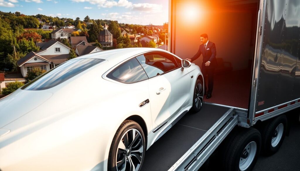 A sleek, white car is being carefully loaded onto a professional car transport trailer, its glossy exterior gleaming under the warm, afternoon sun. The driver, clad in a crisp uniform, expertly maneuvers the vehicle onto the awaiting platform, ensuring a smooth, damage-free loading process. In the background, the picturesque Stafford, VA cityscape provides a fitting backdrop, with its quaint homes and verdant foliage creating a serene, small-town atmosphere. The entire scene conveys a sense of reliability, efficiency, and attention to detail, reflecting the high-quality, door-to-door vehicle shipping services offered in the region. A sleek, white car is being carefully loaded onto a professional car transport trailer, its glossy exterior gleaming under the warm, afternoon sun. The driver, clad in a crisp uniform, expertly maneuvers the vehicle onto the awaiting platform, ensuring a smooth, damage-free loading process. In the background, the picturesque Stafford, VA cityscape provides a fitting backdrop, with its quaint homes and verdant foliage creating a serene, small-town atmosphere. The entire scene conveys a sense of reliability, efficiency, and attention to detail, reflecting the high-quality, door-to-door vehicle shipping services offered in the region.