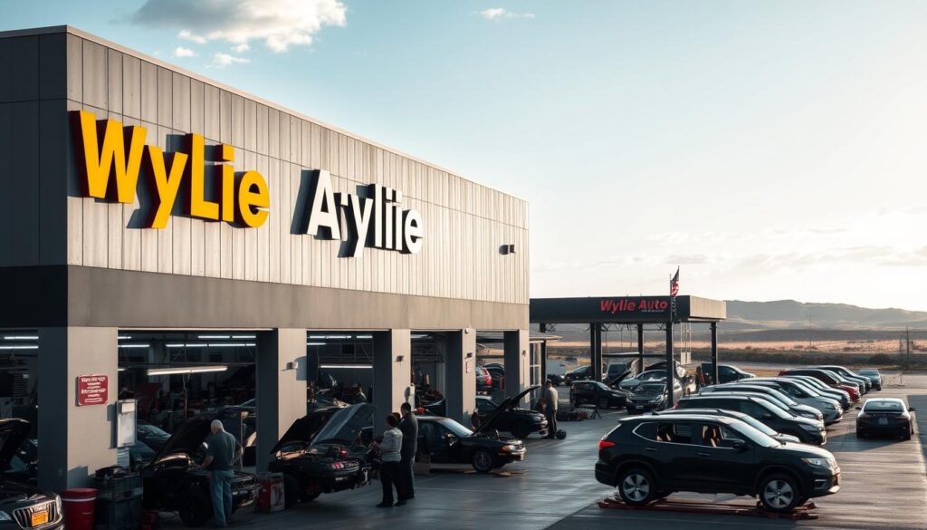 A sprawling auto repair shop nestled in the heart of Wylie, "Wylie Auto" stands tall against a backdrop of rolling hills and a bright, cloudless sky. The building's sleek, modern facade is adorned with bold signage, inviting passersby to explore its state-of-the-art facilities. Inside, the workshop is a bustling hive of activity, with skilled technicians meticulously tending to a diverse fleet of vehicles, their hands deftly navigating the intricate machinery. The soft glow of task lighting bathes the space, creating an atmosphere of professionalism and expertise. Through the large windows, the surrounding community can glimpse the unwavering dedication and care that goes into every repair, cementing Wylie Auto's reputation as the go-to destination for reliable, top-quality auto services. A sprawling auto repair shop nestled in the heart of Wylie, "Wylie Auto" stands tall against a backdrop of rolling hills and a bright, cloudless sky. The building's sleek, modern facade is adorned with bold signage, inviting passersby to explore its state-of-the-art facilities. Inside, the workshop is a bustling hive of activity, with skilled technicians meticulously tending to a diverse fleet of vehicles, their hands deftly navigating the intricate machinery. The soft glow of task lighting bathes the space, creating an atmosphere of professionalism and expertise. Through the large windows, the surrounding community can glimpse the unwavering dedication and care that goes into every repair, cementing Wylie Auto's reputation as the go-to destination for reliable, top-quality auto services.