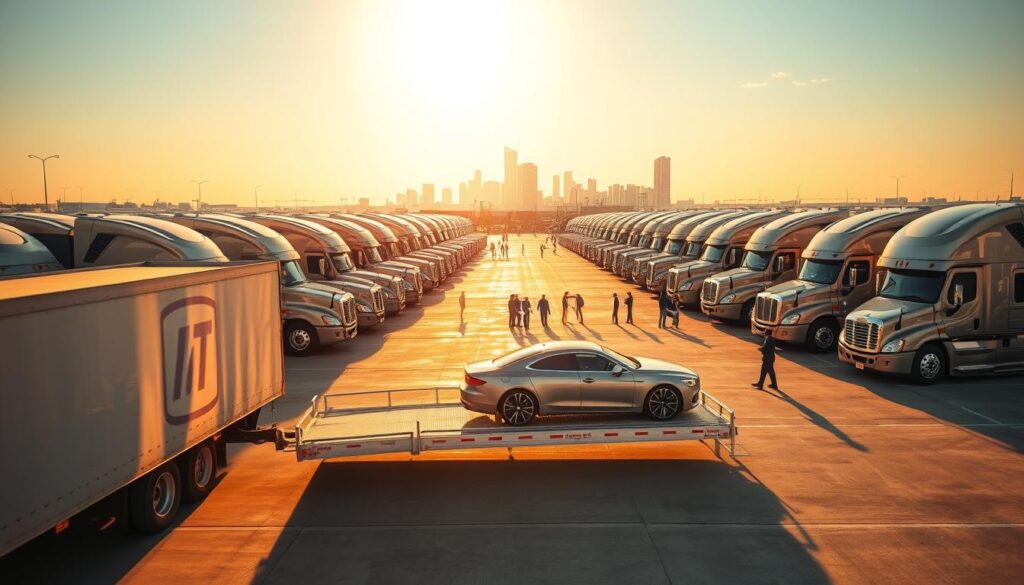 A sprawling auto transport company nestled in the heart of Baytown, Texas. Towering semi-trucks line the expansive lot, their metallic forms gleaming under the warm, golden sunlight. In the foreground, a sleek, newly-transported luxury sedan awaits its owner, the company's logo proudly displayed on the side of the transport trailer. The middle ground is bustling with activity as skilled drivers carefully load and unload vehicles, their expertise and precision on full display. In the background, the cityscape of Baytown rises, a testament to the thriving automotive industry that fuels the community. This image conveys the reliability, professionalism, and dedication of the auto transport company, making it an ideal choice for Baytown drivers seeking exceptional car shipping services. A sprawling auto transport company nestled in the heart of Baytown, Texas. Towering semi-trucks line the expansive lot, their metallic forms gleaming under the warm, golden sunlight. In the foreground, a sleek, newly-transported luxury sedan awaits its owner, the company's logo proudly displayed on the side of the transport trailer. The middle ground is bustling with activity as skilled drivers carefully load and unload vehicles, their expertise and precision on full display. In the background, the cityscape of Baytown rises, a testament to the thriving automotive industry that fuels the community. This image conveys the reliability, professionalism, and dedication of the auto transport company, making it an ideal choice for Baytown drivers seeking exceptional car shipping services.