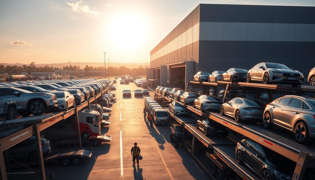 A sprawling auto transport depot, bathed in golden afternoon light. In the foreground, a fleet of gleaming car carriers, their sturdy ramps extended, ready to receive rows of shiny vehicles. The middle ground is bustling with activity - skilled operators maneuvering cars onto the carriers with precision. In the background, a towering, modern warehouse looms, its sleek facade reflecting the surrounding scenery. The atmosphere is one of efficiency and professionalism, conveying the reliable, top-tier service provided by this premier auto transport company serving the Tampa area. A sprawling auto transport depot, bathed in golden afternoon light. In the foreground, a fleet of gleaming car carriers, their sturdy ramps extended, ready to receive rows of shiny vehicles. The middle ground is bustling with activity - skilled operators maneuvering cars onto the carriers with precision. In the background, a towering, modern warehouse looms, its sleek facade reflecting the surrounding scenery. The atmosphere is one of efficiency and professionalism, conveying the reliable, top-tier service provided by this premier auto transport company serving the Tampa area.