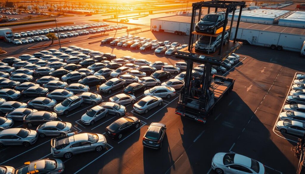 A sprawling auto transport depot in Henderson, with rows of gleaming cars awaiting their journey. In the foreground, a towering car carrier truck stands ready, its hydraulic lift poised to delicately load the vehicles. The midground showcases the intricate organization of the facility, with meticulously arranged parking spaces and well-maintained roads. In the background, the sun casts a warm, golden glow, illuminating the scene with a sense of efficiency and professionalism. The overall atmosphere conveys the seamless, reliable nature of the auto transport and car shipping services offered in this thriving Henderson community.