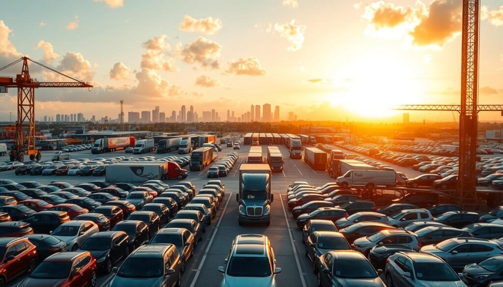 A sprawling auto transport hub in the heart of Hialeah, Florida. In the foreground, rows of gleaming cars await their journey, surrounded by towering gantry cranes and the buzz of activity. The middle ground features a network of ramps and loading docks, where semi-trucks expertly maneuver massive car carriers. In the background, a panoramic view of the city skyline, bathed in the warm glow of the afternoon sun. The scene conveys a sense of efficiency, scale, and the vital role Hialeah plays in the regional vehicle shipping industry. Captured with a wide-angle lens to emphasize the scope and dynamism of this prime transportation hub. A sprawling auto transport hub in the heart of Hialeah, Florida. In the foreground, rows of gleaming cars await their journey, surrounded by towering gantry cranes and the buzz of activity. The middle ground features a network of ramps and loading docks, where semi-trucks expertly maneuver massive car carriers. In the background, a panoramic view of the city skyline, bathed in the warm glow of the afternoon sun. The scene conveys a sense of efficiency, scale, and the vital role Hialeah plays in the regional vehicle shipping industry. Captured with a wide-angle lens to emphasize the scope and dynamism of this prime transportation hub.