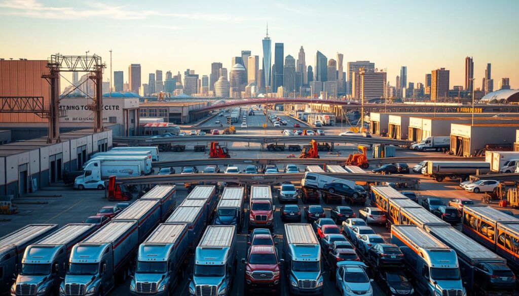 A sprawling auto transport hub in the heart of Horizon City, surrounded by towering industrial warehouses and bustling highways. In the foreground, a fleet of state-of-the-art car haulers stand ready, their chrome-accented exteriors gleaming under warm, golden-hour lighting. Carefully stacked cars of various makes and models await their journey to destinations near and far. The middle ground features a complex web of loading ramps, forklifts, and hardworking crews efficiently coordinating the flow of vehicles. In the background, the iconic skyline of Horizon City rises, its modern skyscrapers and infrastructure highlighting the city's thriving automotive industry. The scene exudes a sense of efficiency, professionalism, and the reliable transportation services that are the lifeblood of Horizon City. A sprawling auto transport hub in the heart of Horizon City, surrounded by towering industrial warehouses and bustling highways. In the foreground, a fleet of state-of-the-art car haulers stand ready, their chrome-accented exteriors gleaming under warm, golden-hour lighting. Carefully stacked cars of various makes and models await their journey to destinations near and far. The middle ground features a complex web of loading ramps, forklifts, and hardworking crews efficiently coordinating the flow of vehicles. In the background, the iconic skyline of Horizon City rises, its modern skyscrapers and infrastructure highlighting the city's thriving automotive industry. The scene exudes a sense of efficiency, professionalism, and the reliable transportation services that are the lifeblood of Horizon City.