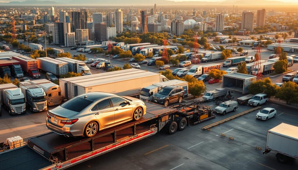 A sprawling auto transport hub nestled in the heart of Alice, with a fleet of gleaming trucks and trailers ready to ferry vehicles across the region. In the foreground, a sleek sedan is carefully loaded onto a lowbed trailer, its chrome accents catching the warm afternoon sun. The middle ground showcases the bustling activity of the facility, where skilled operators expertly maneuver cars and SUVs onto specialized platforms. In the background, a panoramic view of the surrounding cityscape sets the scene, with towering skyscrapers and tree-lined streets creating a vibrant urban landscape. The overall mood is one of efficiency, reliability, and a commitment to providing seamless service coverage to the Alice community. A sprawling auto transport hub nestled in the heart of Alice, with a fleet of gleaming trucks and trailers ready to ferry vehicles across the region. In the foreground, a sleek sedan is carefully loaded onto a lowbed trailer, its chrome accents catching the warm afternoon sun. The middle ground showcases the bustling activity of the facility, where skilled operators expertly maneuver cars and SUVs onto specialized platforms. In the background, a panoramic view of the surrounding cityscape sets the scene, with towering skyscrapers and tree-lined streets creating a vibrant urban landscape. The overall mood is one of efficiency, reliability, and a commitment to providing seamless service coverage to the Alice community.