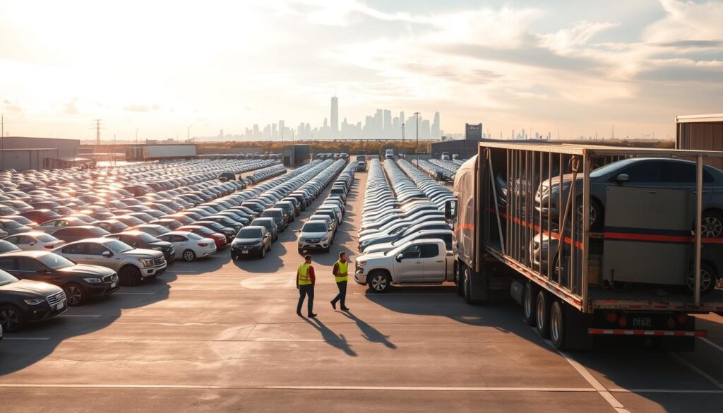 A sprawling auto transport lot in Channelview, TX, with rows of gleaming cars and trucks awaiting delivery. In the foreground, a semi-truck backs into the loading dock, its trailer filled with freshly shipped vehicles. Sunlight filters through wispy clouds, casting a warm glow over the scene. In the middle ground, workers in high-visibility vests expertly guide the vehicles into position, ensuring a smooth and efficient unloading process. In the distance, the Houston skyline rises, a testament to the thriving automotive industry that drives the region. The atmosphere is one of professionalism and reliability, reflecting the trusted auto shipping services offered in Channelview and the greater Houston area. A sprawling auto transport lot in Channelview, TX, with rows of gleaming cars and trucks awaiting delivery. In the foreground, a semi-truck backs into the loading dock, its trailer filled with freshly shipped vehicles. Sunlight filters through wispy clouds, casting a warm glow over the scene. In the middle ground, workers in high-visibility vests expertly guide the vehicles into position, ensuring a smooth and efficient unloading process. In the distance, the Houston skyline rises, a testament to the thriving automotive industry that drives the region. The atmosphere is one of professionalism and reliability, reflecting the trusted auto shipping services offered in Channelview and the greater Houston area.