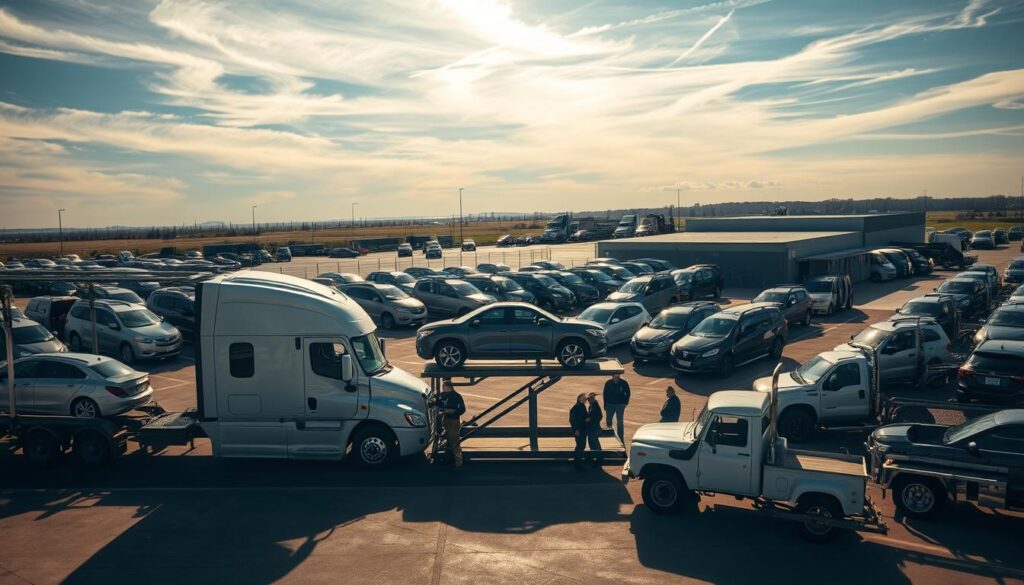 A sprawling auto transport yard in Cuero, TX, with rows of sleek car carriers and tow trucks. Sunlight filters through wispy clouds, casting warm shadows across the bustling scene. In the foreground, a large semi-truck is carefully loading a gleaming sedan onto its hydraulic lift, surrounded by crews securing the vehicle. In the middle ground, other carriers are parked, awaiting their next load. Beyond, a low-slung warehouse and chain-link fences frame the periphery, suggesting the scale and efficiency of this vehicle shipping operation. The overall atmosphere conveys a sense of organized professionalism, with the vehicles themselves taking center stage. A sprawling auto transport yard in Cuero, TX, with rows of sleek car carriers and tow trucks. Sunlight filters through wispy clouds, casting warm shadows across the bustling scene. In the foreground, a large semi-truck is carefully loading a gleaming sedan onto its hydraulic lift, surrounded by crews securing the vehicle. In the middle ground, other carriers are parked, awaiting their next load. Beyond, a low-slung warehouse and chain-link fences frame the periphery, suggesting the scale and efficiency of this vehicle shipping operation. The overall atmosphere conveys a sense of organized professionalism, with the vehicles themselves taking center stage.