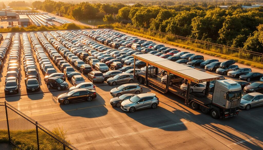 A sprawling car shipping yard in La Porte, with rows of gleaming automobiles awaiting transport. The scene is bathed in warm, golden afternoon light, casting long shadows across the asphalt. In the foreground, a massive car carrier truck is being loaded, its hydraulic ramps extended to accommodate the vehicles. Surrounding the yard, a chain-link fence and lush greenery create a sense of security and tranquility. The mood is one of efficient organization, with a touch of industrial beauty. The camera angle is slightly elevated, providing a comprehensive view of the entire operation. A sprawling car shipping yard in La Porte, with rows of gleaming automobiles awaiting transport. The scene is bathed in warm, golden afternoon light, casting long shadows across the asphalt. In the foreground, a massive car carrier truck is being loaded, its hydraulic ramps extended to accommodate the vehicles. Surrounding the yard, a chain-link fence and lush greenery create a sense of security and tranquility. The mood is one of efficient organization, with a touch of industrial beauty. The camera angle is slightly elevated, providing a comprehensive view of the entire operation.