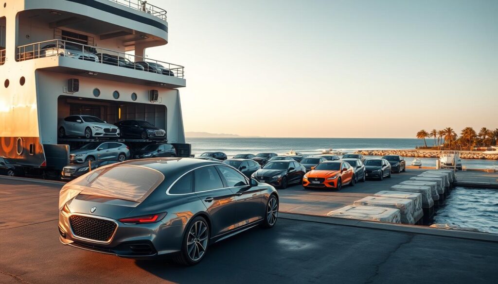 A sprawling cargo ship stands tall, its deck laden with an array of gleaming automobiles, ready to embark on their journey across the open waters. In the foreground, a sleek luxury sedan occupies the prime spot, its polished chrome accents catching the warm glow of the setting sun. In the middle ground, a parade of diverse vehicles, from sporty hatchbacks to sturdy SUVs, await their turn to be carefully loaded onto the ship's hydraulic ramps. The background is a picturesque coastal scene, with a serene harbor and a distant skyline of palm trees swaying gently in the salty breeze. The overall atmosphere conveys a sense of efficiency, reliability, and the seamless transportation of valuable cargo. A sprawling cargo ship stands tall, its deck laden with an array of gleaming automobiles, ready to embark on their journey across the open waters. In the foreground, a sleek luxury sedan occupies the prime spot, its polished chrome accents catching the warm glow of the setting sun. In the middle ground, a parade of diverse vehicles, from sporty hatchbacks to sturdy SUVs, await their turn to be carefully loaded onto the ship's hydraulic ramps. The background is a picturesque coastal scene, with a serene harbor and a distant skyline of palm trees swaying gently in the salty breeze. The overall atmosphere conveys a sense of efficiency, reliability, and the seamless transportation of valuable cargo.