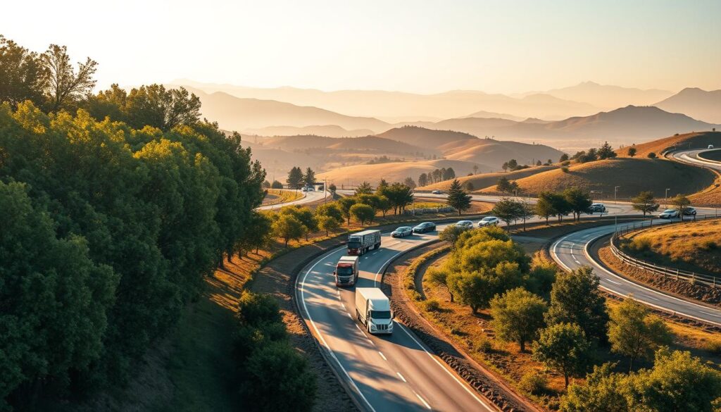 A sprawling network of auto transport routes winds through the lush landscapes near Alamo, connecting the local community to nationwide car shipping services. In the foreground, a well-maintained highway curves gracefully, flanked by rows of tall, verdant trees casting dappled shadows. In the middle ground, a fleet of specialized car haulers navigates the winding roads, their cargo of gleaming vehicles ready for delivery. The background depicts rolling hills and distant mountains, bathed in the warm glow of a golden-hour sunset, creating a serene and picturesque setting. The composition is captured with a wide-angle lens, conveying a sense of depth and scale, while soft, diffused lighting lends a dreamlike, cinematic quality to the scene. A sprawling network of auto transport routes winds through the lush landscapes near Alamo, connecting the local community to nationwide car shipping services. In the foreground, a well-maintained highway curves gracefully, flanked by rows of tall, verdant trees casting dappled shadows. In the middle ground, a fleet of specialized car haulers navigates the winding roads, their cargo of gleaming vehicles ready for delivery. The background depicts rolling hills and distant mountains, bathed in the warm glow of a golden-hour sunset, creating a serene and picturesque setting. The composition is captured with a wide-angle lens, conveying a sense of depth and scale, while soft, diffused lighting lends a dreamlike, cinematic quality to the scene.