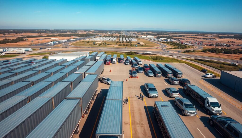 A striking aerial view of a bustling auto transport company, its sprawling premises framed by a clear blue sky. In the foreground, a fleet of car carriers, their gleaming metal bodies conveying a sense of strength and efficiency. In the middle ground, a hub of activity, with workers meticulously loading and unloading vehicles, their movements choreographed with precision. The background reveals a network of well-maintained roads, highways traversing the landscape, connecting this centralized transportation hub to destinations across the United States. Lighting is crisp and natural, casting long shadows that accentuate the geometric forms of the structures. The overall impression is one of a seamless, reliable operation, a trusted partner for all state-to-state auto transport needs. A striking aerial view of a bustling auto transport company, its sprawling premises framed by a clear blue sky. In the foreground, a fleet of car carriers, their gleaming metal bodies conveying a sense of strength and efficiency. In the middle ground, a hub of activity, with workers meticulously loading and unloading vehicles, their movements choreographed with precision. The background reveals a network of well-maintained roads, highways traversing the landscape, connecting this centralized transportation hub to destinations across the United States. Lighting is crisp and natural, casting long shadows that accentuate the geometric forms of the structures. The overall impression is one of a seamless, reliable operation, a trusted partner for all state-to-state auto transport needs.
