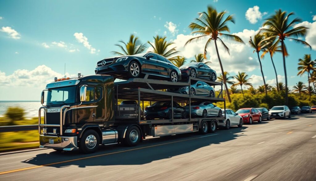 A sturdy car carrier truck navigates a winding coastal road, its trailer loaded with a diverse array of vehicles destined for Coral Springs. Sunlight glints off the chrome trim and polished paint, casting dynamic shadows across the scene. In the middle ground, a fleet of sedans, SUVs, and sports cars await their transport, secured by heavy-duty straps. The background showcases the lush, verdant landscape of Coral Springs, with swaying palm trees and a vibrant blue sky overhead. The overall atmosphere conveys a sense of reliable, efficient vehicle shipping tailored to the needs of Coral Springs residents. A sturdy car carrier truck navigates a winding coastal road, its trailer loaded with a diverse array of vehicles destined for Coral Springs. Sunlight glints off the chrome trim and polished paint, casting dynamic shadows across the scene. In the middle ground, a fleet of sedans, SUVs, and sports cars await their transport, secured by heavy-duty straps. The background showcases the lush, verdant landscape of Coral Springs, with swaying palm trees and a vibrant blue sky overhead. The overall atmosphere conveys a sense of reliable, efficient vehicle shipping tailored to the needs of Coral Springs residents.