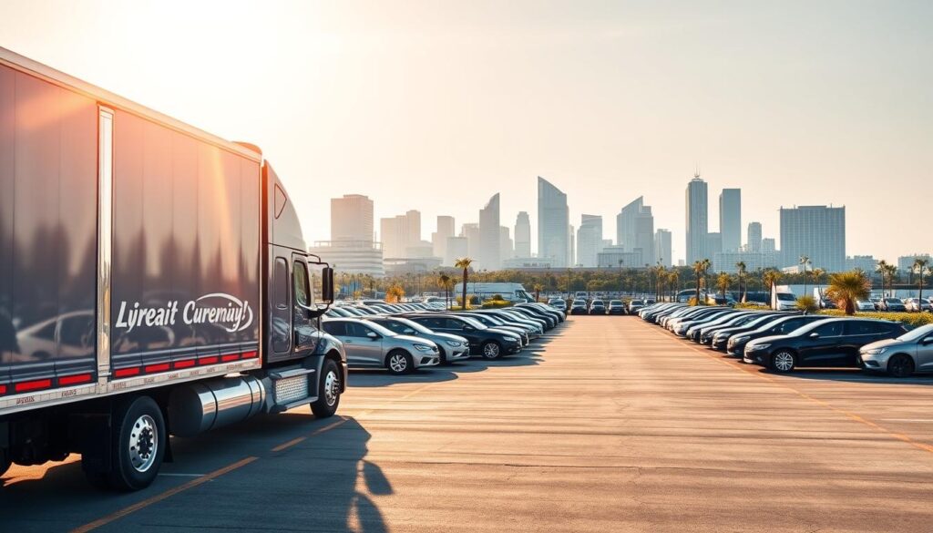 A sun-dappled car transport truck stands prominently in the foreground, its chrome trim gleaming. In the middle ground, an expansive lot lined with neatly parked vehicles awaits their journey. The background depicts the modern skyline of Sugar Land, Texas, with towering office buildings and the occasional palm tree swaying gently. The scene is bathed in warm, golden light, creating a welcoming and efficient atmosphere for the reliable auto transport and car shipping services offered in this vibrant Houston suburb. A sun-dappled car transport truck stands prominently in the foreground, its chrome trim gleaming. In the middle ground, an expansive lot lined with neatly parked vehicles awaits their journey. The background depicts the modern skyline of Sugar Land, Texas, with towering office buildings and the occasional palm tree swaying gently. The scene is bathed in warm, golden light, creating a welcoming and efficient atmosphere for the reliable auto transport and car shipping services offered in this vibrant Houston suburb.