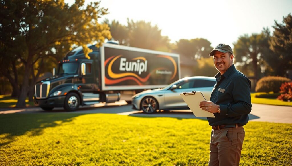 A sun-dappled driveway in Cuero, Texas, where a sleek, modern car transport truck waits to pick up a gleaming luxury sedan. The truck's bold logo and vibrant colors stand out against the lush, green landscape. In the foreground, a friendly driver holds a clipboard, ready to guide the car's owner through the seamless pickup process. The scene conveys a sense of professionalism, efficiency, and a commitment to delivering exceptional auto transport services tailored to the needs of Cuero's discerning drivers. Warm, natural lighting illuminates the scene, creating a welcoming and trustworthy atmosphere. A sun-dappled driveway in Cuero, Texas, where a sleek, modern car transport truck waits to pick up a gleaming luxury sedan. The truck's bold logo and vibrant colors stand out against the lush, green landscape. In the foreground, a friendly driver holds a clipboard, ready to guide the car's owner through the seamless pickup process. The scene conveys a sense of professionalism, efficiency, and a commitment to delivering exceptional auto transport services tailored to the needs of Cuero's discerning drivers. Warm, natural lighting illuminates the scene, creating a welcoming and trustworthy atmosphere.