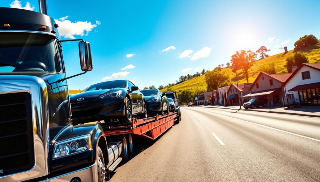 A sun-dappled highway winding through the rolling hills of Marshall, with a sleek car carrier transporting a fleet of gleaming, freshly polished vehicles. In the foreground, the imposing front grille and chrome trim of the carrier's cab stands out against the azure sky. In the middle ground, the car carrier's hydraulic ramps are extended, revealing the meticulously arranged automobiles inside, their glossy paintwork reflecting the natural light. In the background, the quaint buildings and tree-lined streets of Marshall provide a picturesque backdrop, conveying a sense of small-town charm and reliable, local auto transport services. A sun-dappled highway winding through the rolling hills of Marshall, with a sleek car carrier transporting a fleet of gleaming, freshly polished vehicles. In the foreground, the imposing front grille and chrome trim of the carrier's cab stands out against the azure sky. In the middle ground, the car carrier's hydraulic ramps are extended, revealing the meticulously arranged automobiles inside, their glossy paintwork reflecting the natural light. In the background, the quaint buildings and tree-lined streets of Marshall provide a picturesque backdrop, conveying a sense of small-town charm and reliable, local auto transport services.