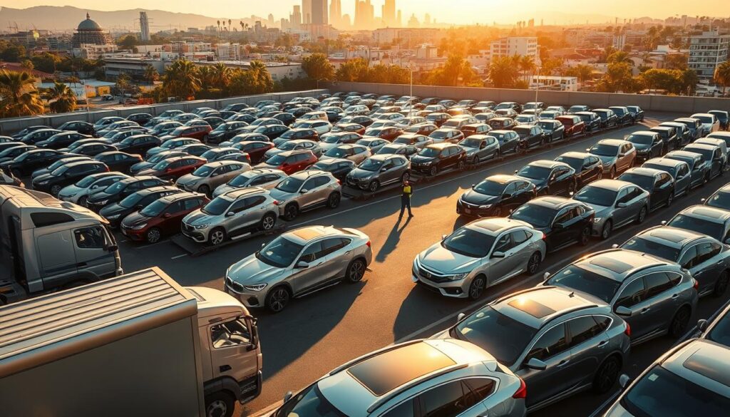 A sun-dappled parking lot filled with rows of gleaming automobiles, each neatly arranged and awaiting transport. The foreground features a fleet of modern car carrier trucks, their beds loaded with a diverse array of vehicles, ready to deliver them to their destination with the utmost care. In the middle ground, skilled drivers carefully secure the cars, ensuring a safe journey. The background showcases the bustling cityscape of Hollywood, a vibrant backdrop for this scene of reliable auto transport. The lighting is warm and natural, casting a soft glow over the entire scene, conveying a sense of professionalism and attention to detail. The overall mood is one of efficiency, trust, and a commitment to providing the best possible service to Hollywood's drivers. A sun-dappled parking lot filled with rows of gleaming automobiles, each neatly arranged and awaiting transport. The foreground features a fleet of modern car carrier trucks, their beds loaded with a diverse array of vehicles, ready to deliver them to their destination with the utmost care. In the middle ground, skilled drivers carefully secure the cars, ensuring a safe journey. The background showcases the bustling cityscape of Hollywood, a vibrant backdrop for this scene of reliable auto transport. The lighting is warm and natural, casting a soft glow over the entire scene, conveying a sense of professionalism and attention to detail. The overall mood is one of efficiency, trust, and a commitment to providing the best possible service to Hollywood's drivers.