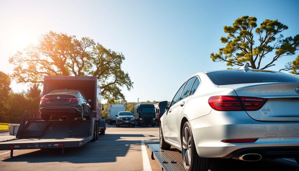 A sun-dappled parking lot in Kingwood, Texas, filled with a fleet of car carriers and transport trucks. In the foreground, a sleek, freshly washed sedan is being carefully loaded onto a transport trailer, its gleaming paint reflecting the warm afternoon light. In the middle ground, other vehicles are being expertly maneuvered and secured, the skilled car shipping crew working with precision. The background features the lush, verdant landscape of Kingwood, with towering trees and a clear blue sky overhead, creating a serene and professional atmosphere for this reliable auto transport service. A sun-dappled parking lot in Kingwood, Texas, filled with a fleet of car carriers and transport trucks. In the foreground, a sleek, freshly washed sedan is being carefully loaded onto a transport trailer, its gleaming paint reflecting the warm afternoon light. In the middle ground, other vehicles are being expertly maneuvered and secured, the skilled car shipping crew working with precision. The background features the lush, verdant landscape of Kingwood, with towering trees and a clear blue sky overhead, creating a serene and professional atmosphere for this reliable auto transport service.