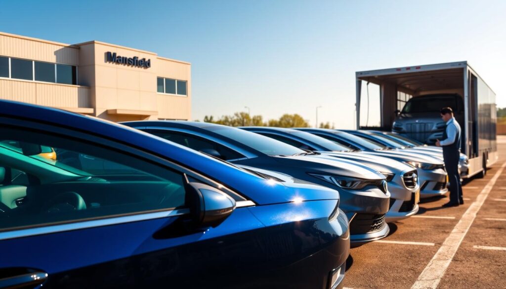 A sun-dappled parking lot on a clear day, with a row of pristine cars neatly arranged, their gleaming exteriors reflecting the blue sky. In the foreground, a pair of experienced car shipping professionals, dressed in crisp uniforms, carefully inspecting the vehicles, ensuring the highest standards of safety and care. The mid-ground features a modern, well-maintained transport truck, its trailer ready to securely hold the vehicles during their journey. In the background, the facade of a reputable Mansfield car shipping company stands, conveying a sense of trustworthiness and professionalism. Warm lighting bathes the scene, creating an atmosphere of reliability and customer-centric service. A sun-dappled parking lot on a clear day, with a row of pristine cars neatly arranged, their gleaming exteriors reflecting the blue sky. In the foreground, a pair of experienced car shipping professionals, dressed in crisp uniforms, carefully inspecting the vehicles, ensuring the highest standards of safety and care. The mid-ground features a modern, well-maintained transport truck, its trailer ready to securely hold the vehicles during their journey. In the background, the facade of a reputable Mansfield car shipping company stands, conveying a sense of trustworthiness and professionalism. Warm lighting bathes the scene, creating an atmosphere of reliability and customer-centric service.