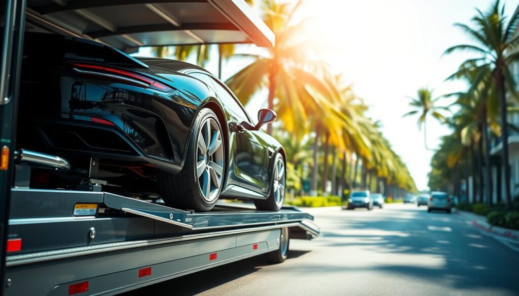 A sun-dappled scene of a Coral Gables auto transport service in action. In the foreground, a sleek sports car is being carefully loaded onto a specialized car carrier, its glossy exterior gleaming. The carrier's hydraulic lift gently raises the vehicle, securing it for the journey. In the middle ground, the carrier's polished chrome accents and sturdy frame convey a sense of reliability and precision. In the background, the lush, palm-tree-lined streets of Coral Gables create a picturesque setting, reflecting the care and attention the drivers take in transporting their customers' prized possessions. Soft, diffused lighting casts a warm, inviting glow over the entire scene, evoking the professionalism and trust that Coral Gables drivers have come to expect from this auto transport service. A sun-dappled scene of a Coral Gables auto transport service in action. In the foreground, a sleek sports car is being carefully loaded onto a specialized car carrier, its glossy exterior gleaming. The carrier's hydraulic lift gently raises the vehicle, securing it for the journey. In the middle ground, the carrier's polished chrome accents and sturdy frame convey a sense of reliability and precision. In the background, the lush, palm-tree-lined streets of Coral Gables create a picturesque setting, reflecting the care and attention the drivers take in transporting their customers' prized possessions. Soft, diffused lighting casts a warm, inviting glow over the entire scene, evoking the professionalism and trust that Coral Gables drivers have come to expect from this auto transport service.