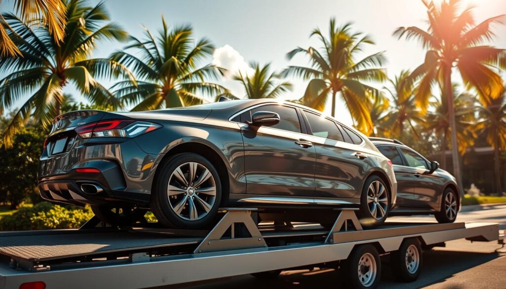 A sun-dappled scene of a trusted auto transport service in Sarasota. In the foreground, a gleaming car rests securely on a modern car carrier, its polished chrome and sleek lines catching the warm light. In the middle ground, the carrier's sturdy frame and wheels are visible, conveying a sense of reliability and safety. The background showcases the lush, verdant landscape of Sarasota, with palm trees swaying gently in the breeze, creating a tranquil and serene atmosphere. The image is captured through a wide-angle lens, highlighting the efficient and trustworthy nature of the car shipping service. A sun-dappled scene of a trusted auto transport service in Sarasota. In the foreground, a gleaming car rests securely on a modern car carrier, its polished chrome and sleek lines catching the warm light. In the middle ground, the carrier's sturdy frame and wheels are visible, conveying a sense of reliability and safety. The background showcases the lush, verdant landscape of Sarasota, with palm trees swaying gently in the breeze, creating a tranquil and serene atmosphere. The image is captured through a wide-angle lens, highlighting the efficient and trustworthy nature of the car shipping service.