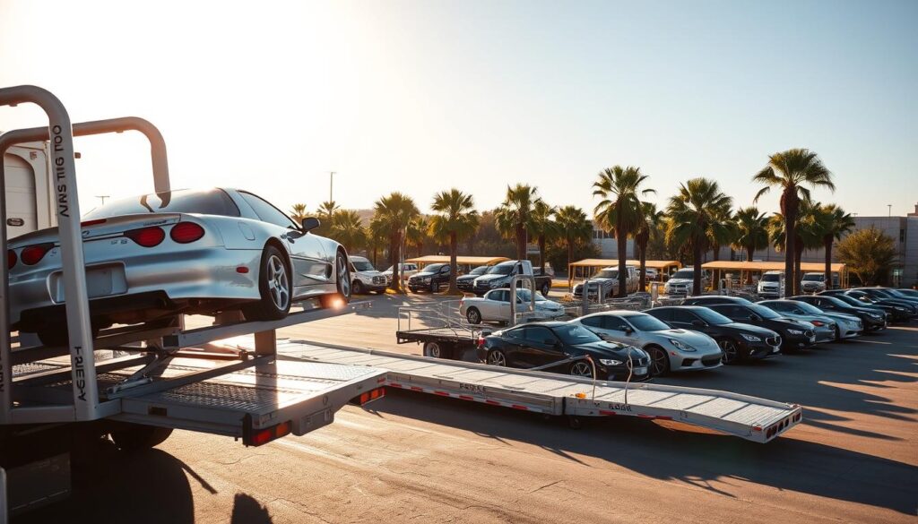 A sun-drenched, bustling auto transport depot in Uvalde, Texas. In the foreground, a gleaming silver car is carefully loaded onto the back of a large, heavy-duty car carrier truck, its hydraulic lift gently easing the vehicle into place. The middle ground is filled with a fleet of similar carriers, their chrome and steel frames casting long shadows across the asphalt. In the background, a row of palm trees sways gently in the warm breeze, framing the scene with a touch of Southwestern charm. The overall atmosphere is one of efficiency and professionalism, with skilled drivers and technicians ensuring the safe transport of valuable automobiles to their destinations. A sun-drenched, bustling auto transport depot in Uvalde, Texas. In the foreground, a gleaming silver car is carefully loaded onto the back of a large, heavy-duty car carrier truck, its hydraulic lift gently easing the vehicle into place. The middle ground is filled with a fleet of similar carriers, their chrome and steel frames casting long shadows across the asphalt. In the background, a row of palm trees sways gently in the warm breeze, framing the scene with a touch of Southwestern charm. The overall atmosphere is one of efficiency and professionalism, with skilled drivers and technicians ensuring the safe transport of valuable automobiles to their destinations.