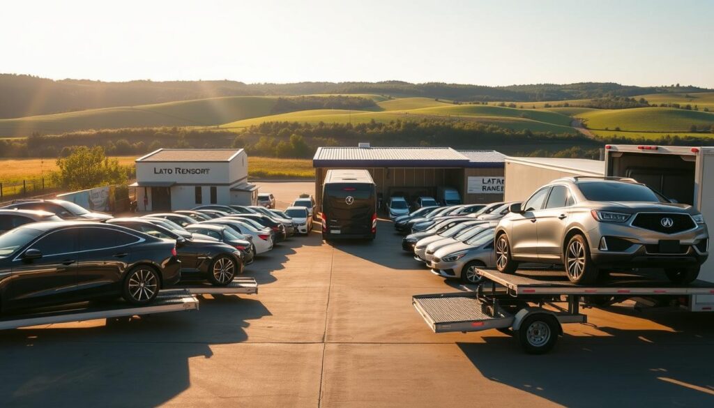 A sun-drenched car shipping yard in Flower Mound, TX. In the foreground, a fleet of gleaming vehicles being carefully loaded onto specialized car haulers. The middle ground features a modern, well-maintained facility with signage and branding for a reliable auto transport company. In the background, rolling hills and lush greenery create a serene, countryside setting. Soft, warm lighting illuminates the scene, casting gentle shadows and highlighting the attention to detail in the loading process. A sense of professionalism, efficiency, and customer care pervades the image, reflecting the company's commitment to providing a top-notch car shipping experience in Flower Mound. A sun-drenched car shipping yard in Flower Mound, TX. In the foreground, a fleet of gleaming vehicles being carefully loaded onto specialized car haulers. The middle ground features a modern, well-maintained facility with signage and branding for a reliable auto transport company. In the background, rolling hills and lush greenery create a serene, countryside setting. Soft, warm lighting illuminates the scene, casting gentle shadows and highlighting the attention to detail in the loading process. A sense of professionalism, efficiency, and customer care pervades the image, reflecting the company's commitment to providing a top-notch car shipping experience in Flower Mound.