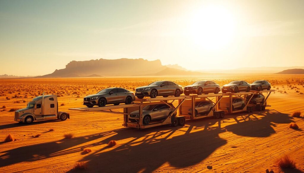 A sun-drenched desert landscape, a sprawling mesa in the distance. In the foreground, a fleet of gleaming car carriers, their trailers stacked high with pristine automobiles, ready to transport them across the rugged terrain. The scene is bathed in warm, golden light, casting long shadows across the dusty ground. The carriers are positioned at an angle, creating a dynamic, visually engaging composition. The attention to detail is exceptional, with every rivet and panel of the vehicles meticulously rendered. The overall mood is one of efficiency, reliability, and the rugged beauty of the Southwest. A sun-drenched desert landscape, a sprawling mesa in the distance. In the foreground, a fleet of gleaming car carriers, their trailers stacked high with pristine automobiles, ready to transport them across the rugged terrain. The scene is bathed in warm, golden light, casting long shadows across the dusty ground. The carriers are positioned at an angle, creating a dynamic, visually engaging composition. The attention to detail is exceptional, with every rivet and panel of the vehicles meticulously rendered. The overall mood is one of efficiency, reliability, and the rugged beauty of the Southwest.