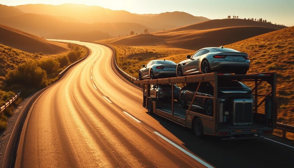 A sun-drenched highway stretches into the distance, flanked by rolling hills and dotted with lush greenery. In the foreground, a large car carrier truck, its chrome fenders gleaming, slowly navigates the winding road, its cargo of freshly polished automobiles secured on the multi-level platform. The scene is bathed in warm, golden light, casting long shadows and creating a sense of depth and perspective. The overall mood is one of efficiency, professionalism, and the smooth flow of automotive logistics. A wide-angle lens captures the entirety of the scene, providing a comprehensive view of the car shipping process in action. A sun-drenched highway stretches into the distance, flanked by rolling hills and dotted with lush greenery. In the foreground, a large car carrier truck, its chrome fenders gleaming, slowly navigates the winding road, its cargo of freshly polished automobiles secured on the multi-level platform. The scene is bathed in warm, golden light, casting long shadows and creating a sense of depth and perspective. The overall mood is one of efficiency, professionalism, and the smooth flow of automotive logistics. A wide-angle lens captures the entirety of the scene, providing a comprehensive view of the car shipping process in action.