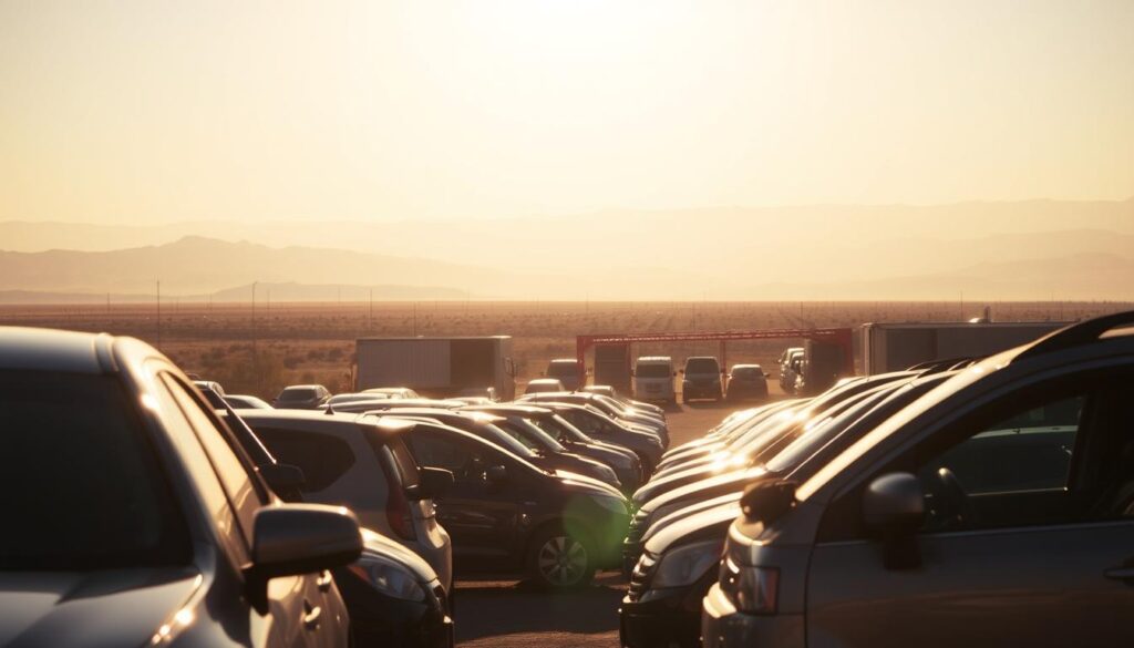 A sun-drenched mesa overlooking a bustling car shipping yard in Lamesa, Texas. In the foreground, gleaming vehicles await transport, their polished surfaces reflecting the warm light. The middle ground features a fleet of car haulers, their sturdy frames and powerful engines ready to safely deliver the cars to their destinations. In the background, the distant mountains provide a dramatic, hazy backdrop, conveying a sense of scale and rugged, Western charm. The scene is bathed in a golden, late-afternoon glow, creating a mood of tranquility and reliability - a trusted, transparent auto transport service for the drivers of Lamesa. A sun-drenched mesa overlooking a bustling car shipping yard in Lamesa, Texas. In the foreground, gleaming vehicles await transport, their polished surfaces reflecting the warm light. The middle ground features a fleet of car haulers, their sturdy frames and powerful engines ready to safely deliver the cars to their destinations. In the background, the distant mountains provide a dramatic, hazy backdrop, conveying a sense of scale and rugged, Western charm. The scene is bathed in a golden, late-afternoon glow, creating a mood of tranquility and reliability - a trusted, transparent auto transport service for the drivers of Lamesa.
