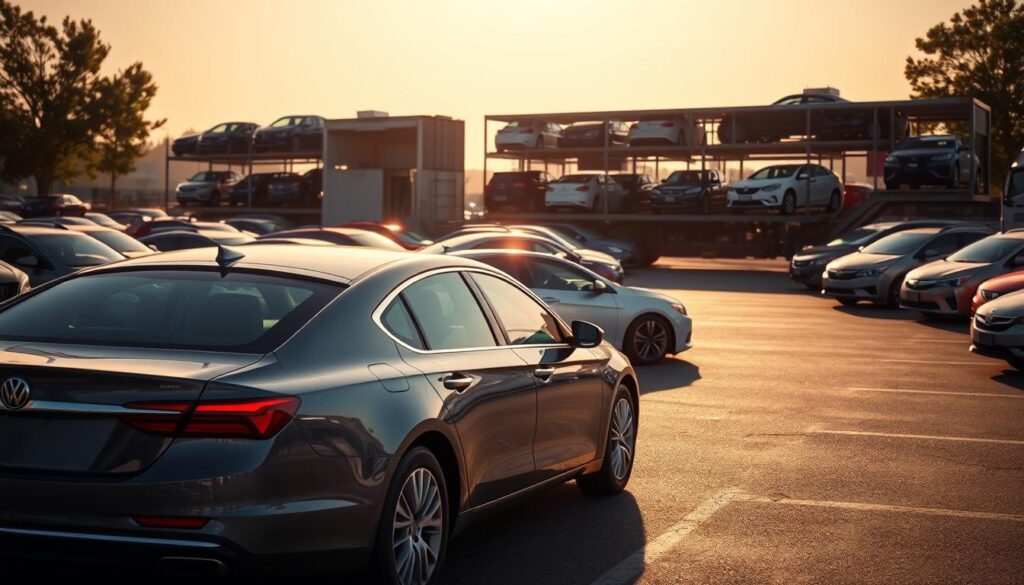 A sun-drenched parking lot, filled with an array of automobiles awaiting transport. In the foreground, a shiny, late-model sedan stands prominently, its gleaming exterior capturing the light. In the middle ground, a large car carrier truck looms, its trailer stacked with a diverse collection of vehicles, ready to embark on their journey. The background is dominated by a warm, hazy sky, lending a sense of tranquility and anticipation to the scene. The lighting is soft and natural, accentuating the curves and details of the cars. The camera angle is slightly elevated, providing a comprehensive view of the shipping process, conveying the scale and efficiency of the car transport operation. A sun-drenched parking lot, filled with an array of automobiles awaiting transport. In the foreground, a shiny, late-model sedan stands prominently, its gleaming exterior capturing the light. In the middle ground, a large car carrier truck looms, its trailer stacked with a diverse collection of vehicles, ready to embark on their journey. The background is dominated by a warm, hazy sky, lending a sense of tranquility and anticipation to the scene. The lighting is soft and natural, accentuating the curves and details of the cars. The camera angle is slightly elevated, providing a comprehensive view of the shipping process, conveying the scale and efficiency of the car transport operation.