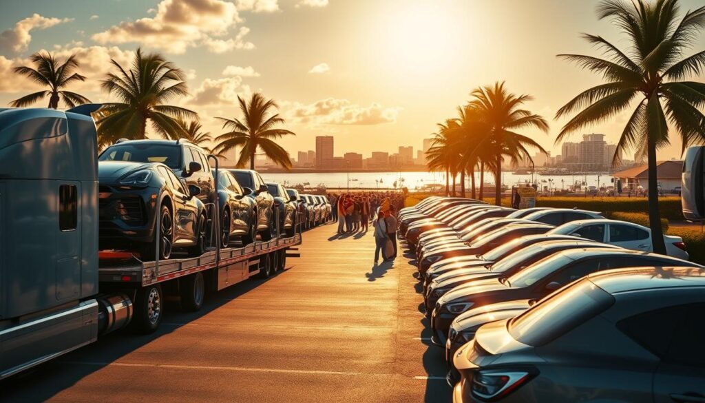 A sun-drenched parking lot in Miramar, Florida, where a row of gleaming vehicles await transport. In the foreground, a sleek car carrier truck, its trailer bed loaded with a diverse array of automobiles, ready to embark on their journey. The middle ground features a bustling scene, with customers inspecting the vehicles and staff attending to the loading process. In the background, the cityscape of Miramar frames the scene, with palm trees swaying gently in the coastal breeze. The lighting is warm and inviting, casting a golden glow over the entire tableau. The composition is balanced and harmonious, conveying a sense of efficiency and professionalism in the auto transport and car shipping services offered in this vibrant Miramar location. A sun-drenched parking lot in Miramar, Florida, where a row of gleaming vehicles await transport. In the foreground, a sleek car carrier truck, its trailer bed loaded with a diverse array of automobiles, ready to embark on their journey. The middle ground features a bustling scene, with customers inspecting the vehicles and staff attending to the loading process. In the background, the cityscape of Miramar frames the scene, with palm trees swaying gently in the coastal breeze. The lighting is warm and inviting, casting a golden glow over the entire tableau. The composition is balanced and harmonious, conveying a sense of efficiency and professionalism in the auto transport and car shipping services offered in this vibrant Miramar location.