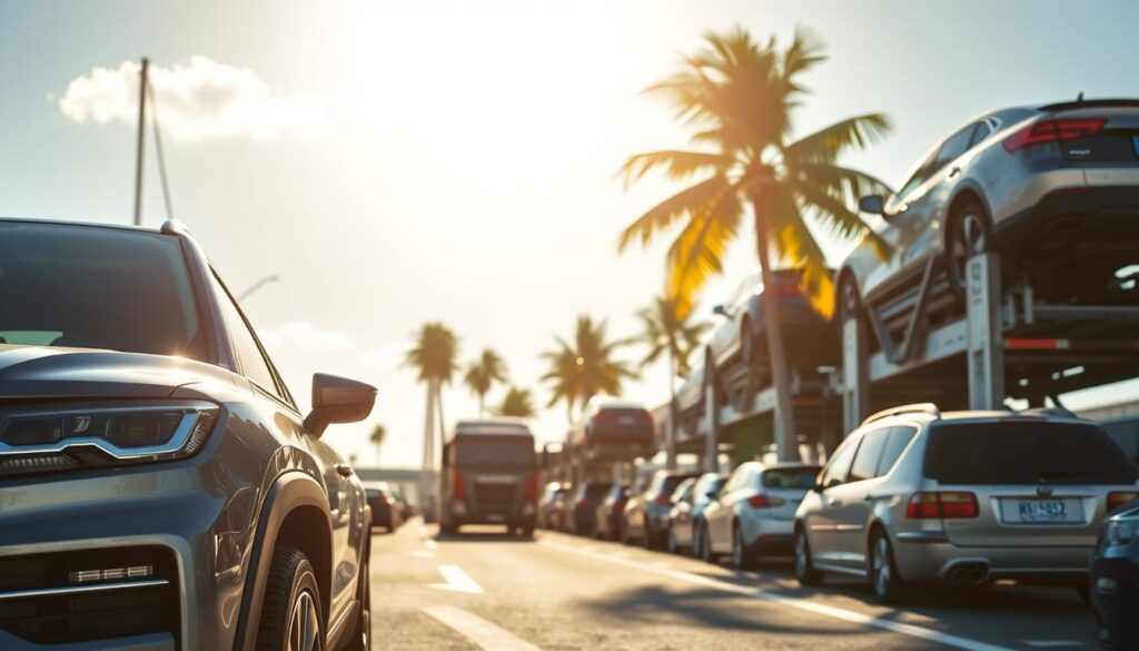 A sun-drenched port in Florida, bustling with the movement of automobiles being carefully loaded onto towering car carriers. In the foreground, a gleaming SUV is meticulously secured, its chrome trim catching the warm, golden light. The middle ground reveals a line of diverse vehicles, each waiting its turn to be transported to their final destinations. In the background, the iconic palm trees sway gently, framing the scene with a sense of coastal tranquility. The overall atmosphere conveys a feeling of efficiency and reliability, capturing the essence of a trusted auto transport service in Port Orange. A sun-drenched port in Florida, bustling with the movement of automobiles being carefully loaded onto towering car carriers. In the foreground, a gleaming SUV is meticulously secured, its chrome trim catching the warm, golden light. The middle ground reveals a line of diverse vehicles, each waiting its turn to be transported to their final destinations. In the background, the iconic palm trees sway gently, framing the scene with a sense of coastal tranquility. The overall atmosphere conveys a feeling of efficiency and reliability, capturing the essence of a trusted auto transport service in Port Orange.